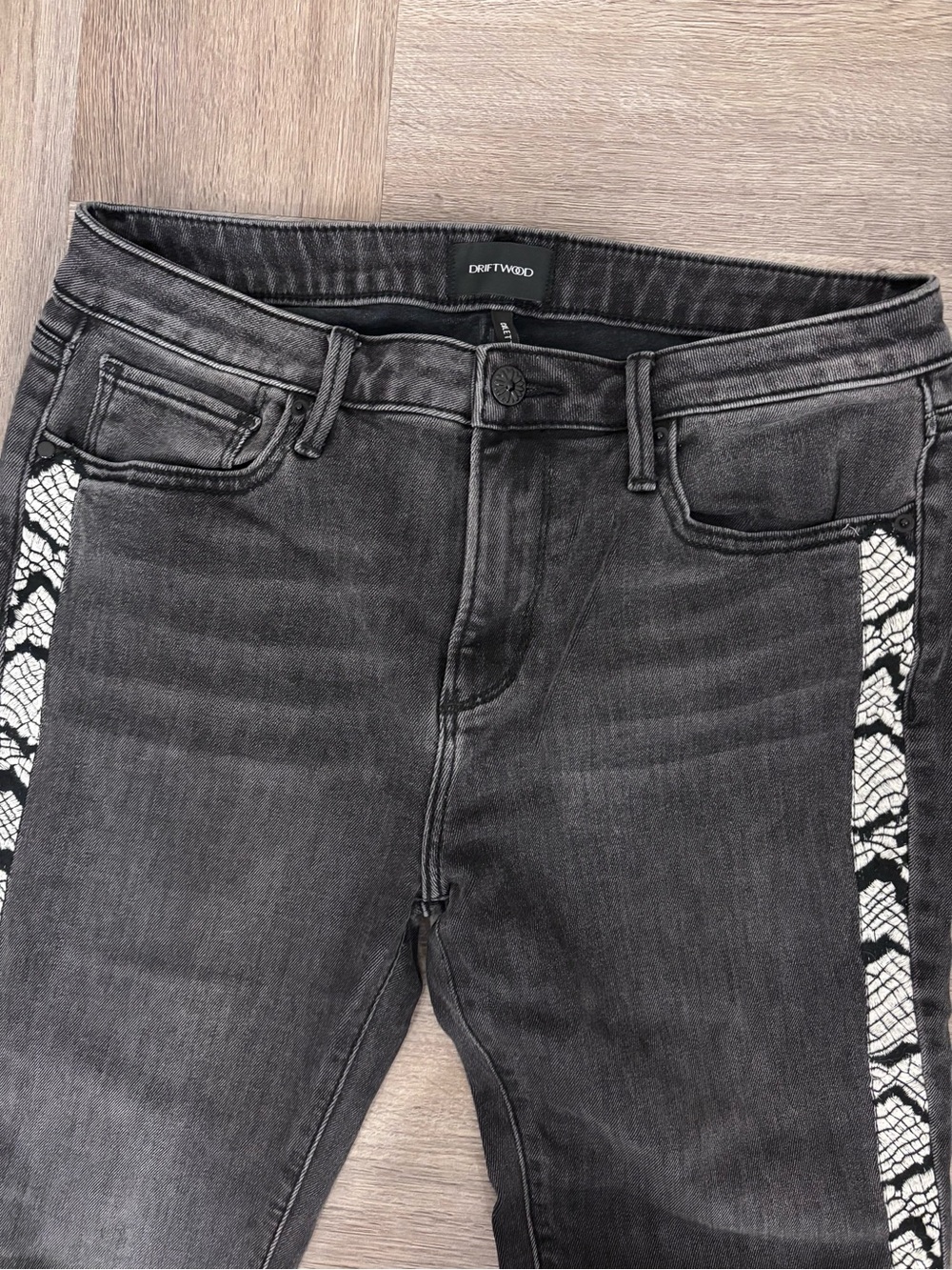 DRIFTWOOD Black Washed Skinny Jeans with Snake-Print Side Panels